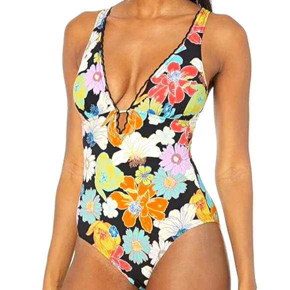 Profile By Gottex Floral One Piece Swimsuit - Black, Orange, Blue - Picture 1 of 9